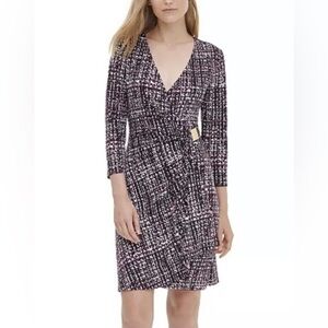 Calvin Klein Womens Printed 3/4 Sleeve Faux Wrap Dress Pink Multi Small 4 Office